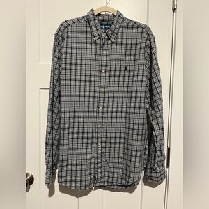 Ralph Lauren Men's Plaid Blue and White Button Down Long Sleeve Shirt Size L